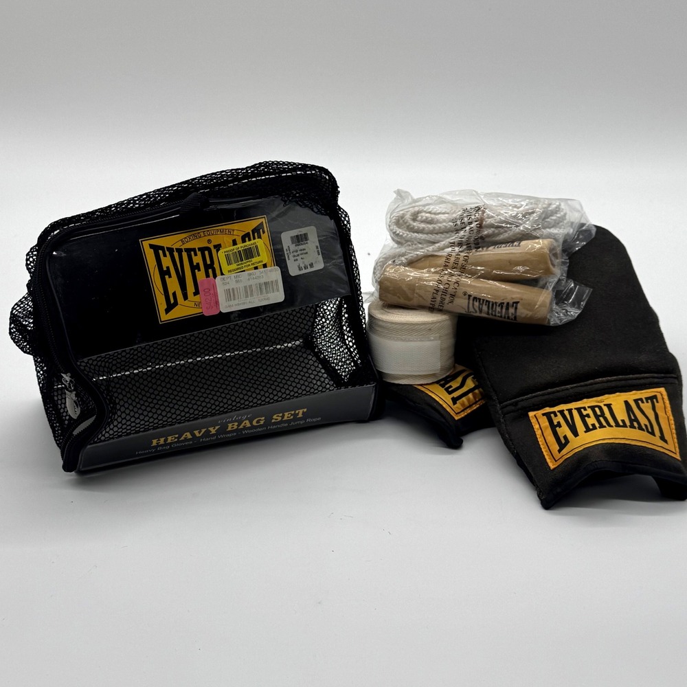 Everlast Vintage Heavy Bag Set Gloves Hand Wraps Wooden Handle Jump Rope Black